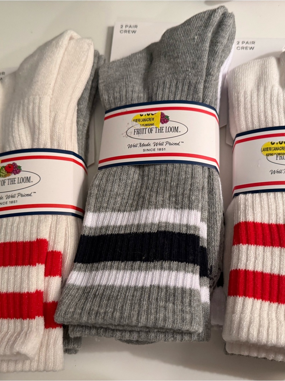 Fruit of the Loom Gray Crew Socks with Black & White Stripes